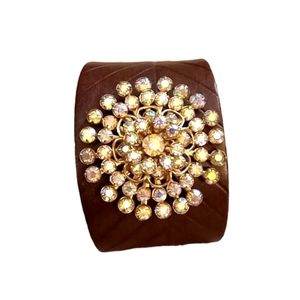 Custom vintage gold brooch with brown leather band bracelet